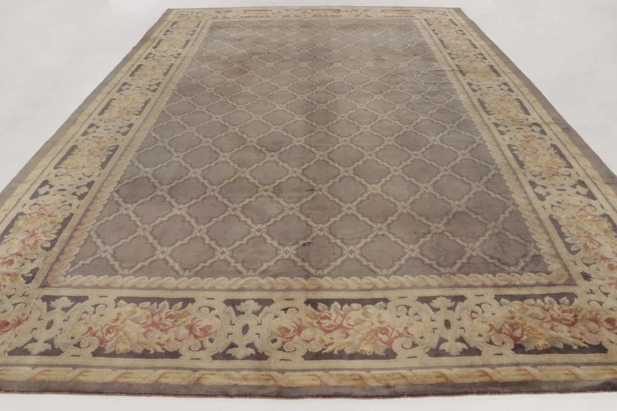 Hover image of Oversized Antique Spanish Rug with Delicate Lattice in Gray & Beige - Rug & Kilim