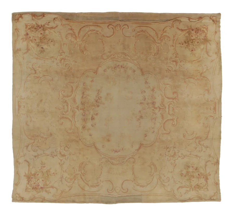 Oversized Antique 19th Century Savonnerie Gold Rug with Floral Cartouche - Rug & Kilim