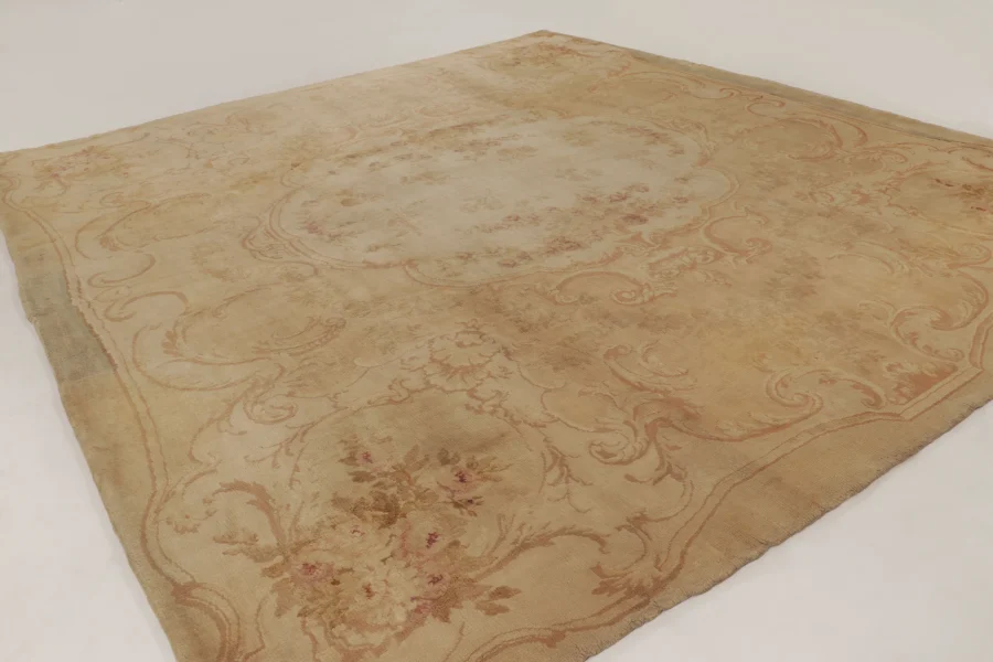 Hover image of Oversized Antique 19th Century Savonnerie Gold Rug with Floral Cartouche - Rug & Kilim