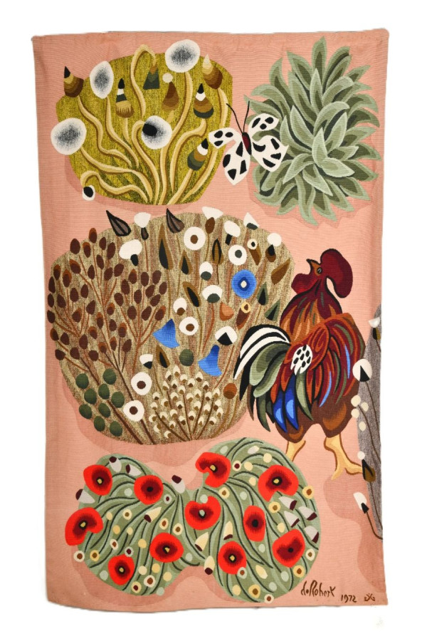 Hover image of Signed Vintage Dom Robert Aubusson Rug with Rooster Design - Rug & Kilim