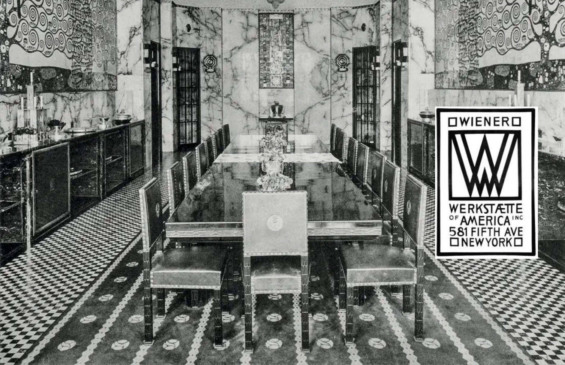 Photograph featuring Josef Hoffmann, dining room of the Stoclet Palace with the mosaic frieze by Gustav Klimt, Moderne Bauformen XIII, 1914 Photograph featuring Josef Hoffmann, dining room of the Stoclet Palace with the mosaic frieze by Gustav Klimt, Moderne Bauformen XIII, 1914