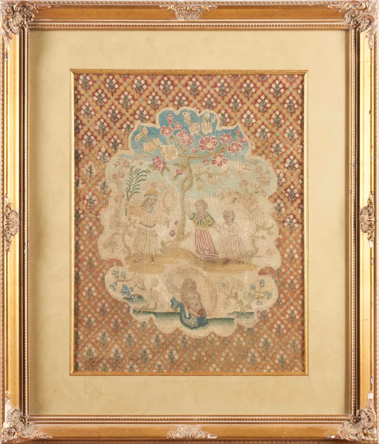 Antique French Needlepoint Square Framed Rug