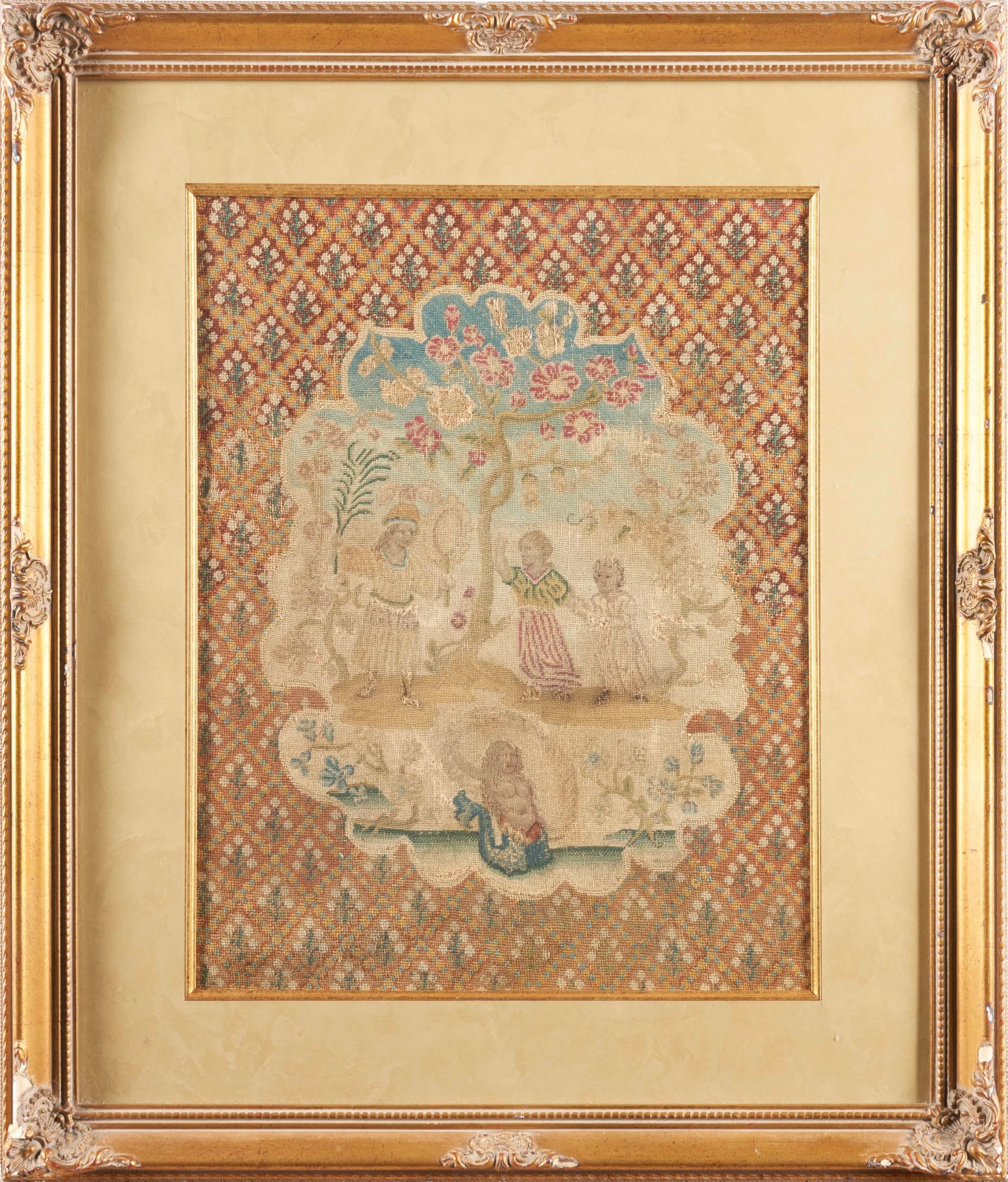 Antique French Needlepoint Square Framed Rug
