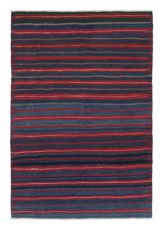Rug & Kilim's Contemporary Rez Kilim with Navy and Red Striped Design