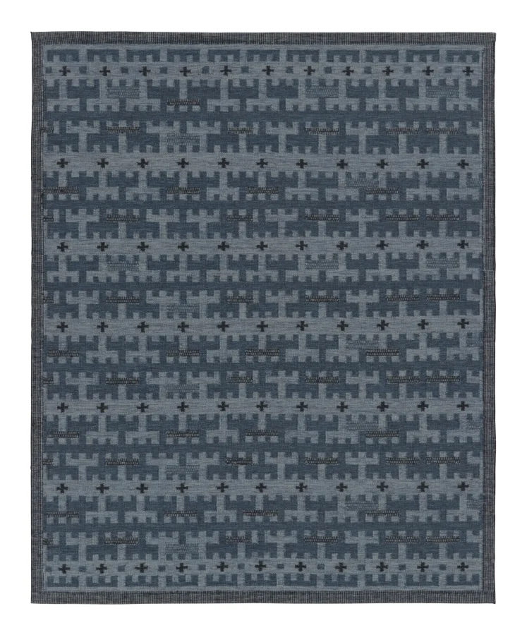 Rug & Kilim’s Scandinavian Rug with Blue & Charcoal Geometric Design