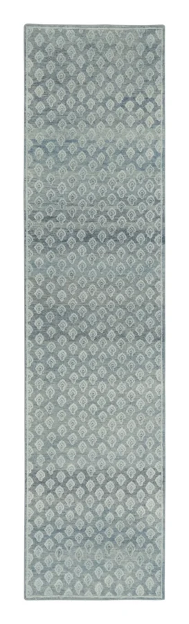 Rug & Kilim’s Block Print Runner with Geometric Lattice in Tonal Gray & Blue