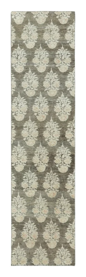Rug & Kilim’s Block Print Runner with Floral Pattern in Green & Soft Beige