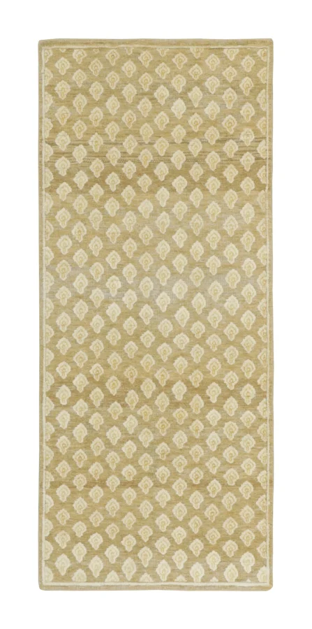 Rug & Kilim’s Block Print Runner with Geometric Lattice in Beige and Gold Tones