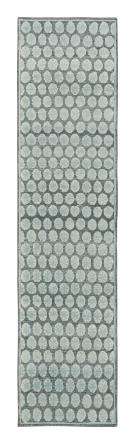 Rug & Kilim’s Block Print Runner with Floral Motif Grid in Blue & Deep Gray