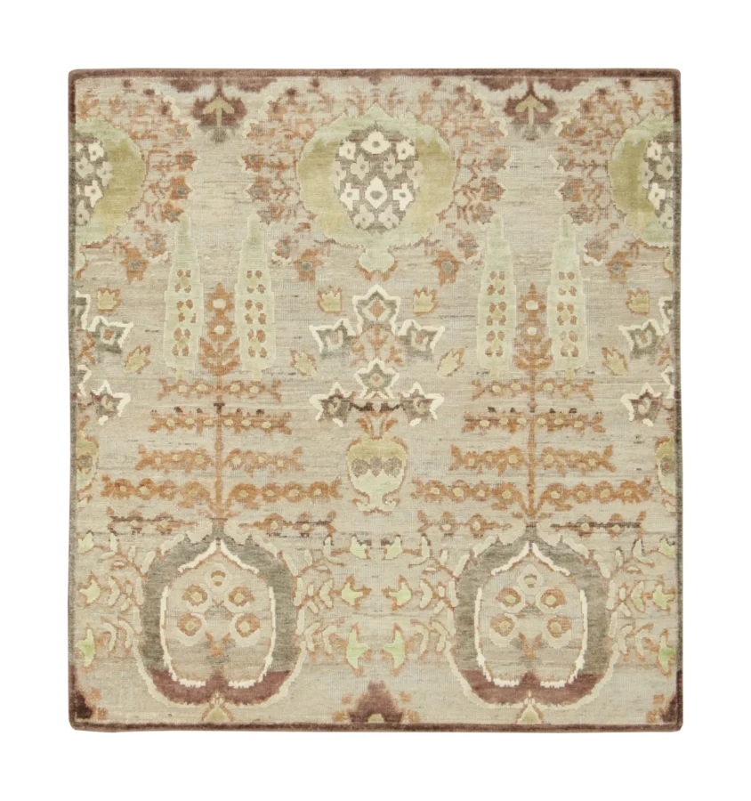 Rug & Kilim’s Block Print Rug with Botanical Floral Design in Beige & Brown