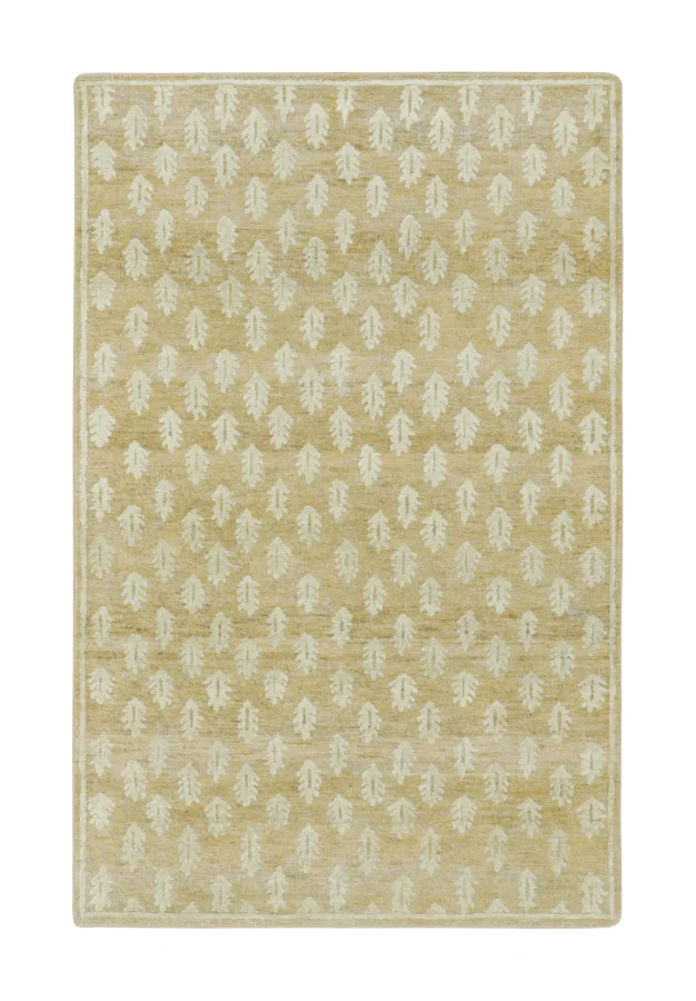 Rug & Kilim’s Block Print Rug with Floral Designs in Warm Gold & Beige