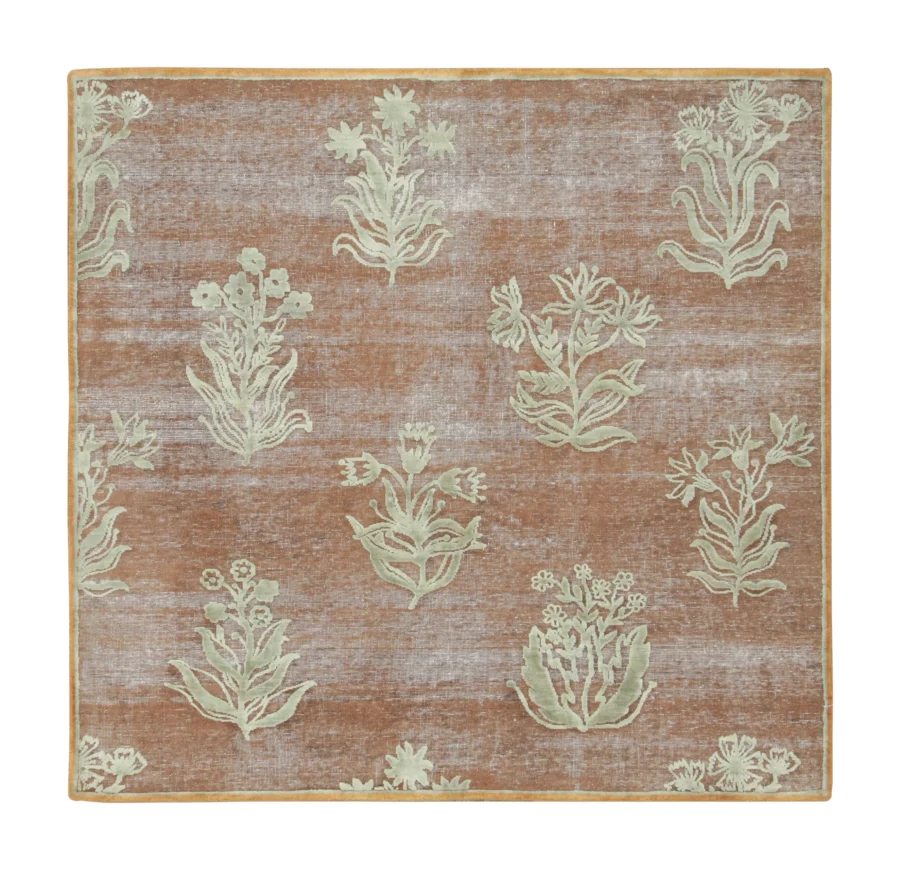 Rug & Kilim’s Block Print Rug with Flower Motifs in Brown, Beige & Sage Green