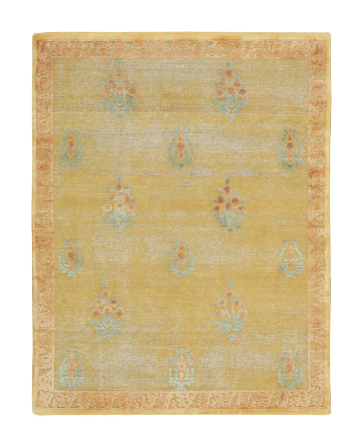 Rug & Kilim’s Block Print Rug with Floral Designs in Warm Gold & Sage Green