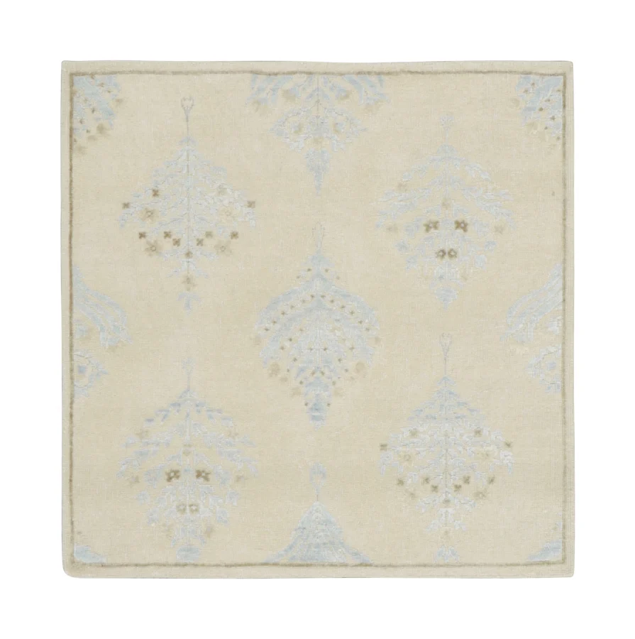 Rug & Kilim’s Square Block Print Rug with Floral Designs in Ice Blue & Beige