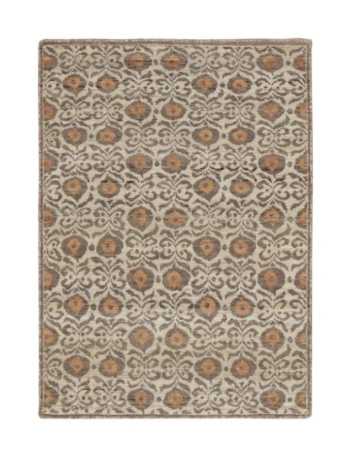 Rug & Kilim’s Block Print Rug with Floral Lattice in Beige, Brown & Orange