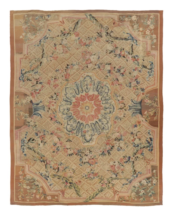 Oversized Antique 19th Century French Aubusson Rug in Gold with Floral Medallion - Rug & Kilim