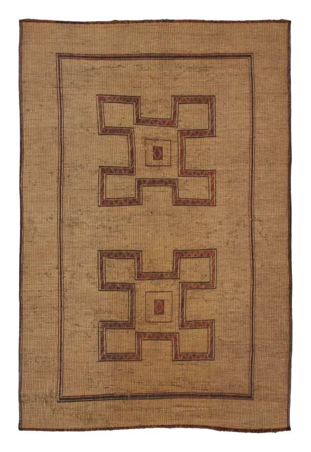 Vintage Moroccan Tuareg Mat with Twin Geometric Medallions in Beige & Red -  Rug & Kilim