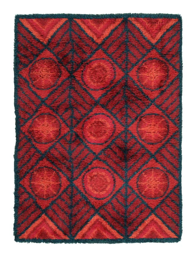 Vintage Swedish Rya Rug in Red & Blue with Bold Medallions - Rug & Kilim