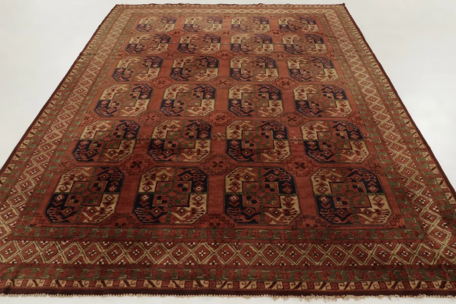 Hover image of Antique Hooked German Tetex Rug in Terracotta with Gul Design - Rug & Kilim