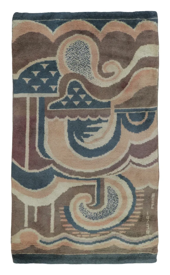 Vintage French Art Deco Rug with Blue, Ivory & Brown Geometric Design - Rug & Kilim