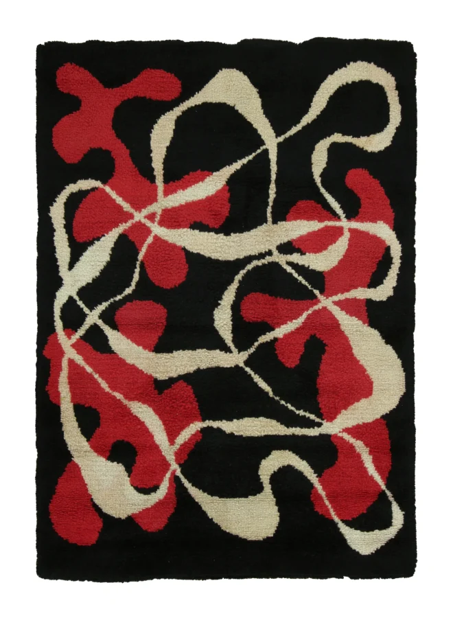 Vintage Mid-Century Modern Rug with Red, Ivory & Black Design - Rug & Kilim