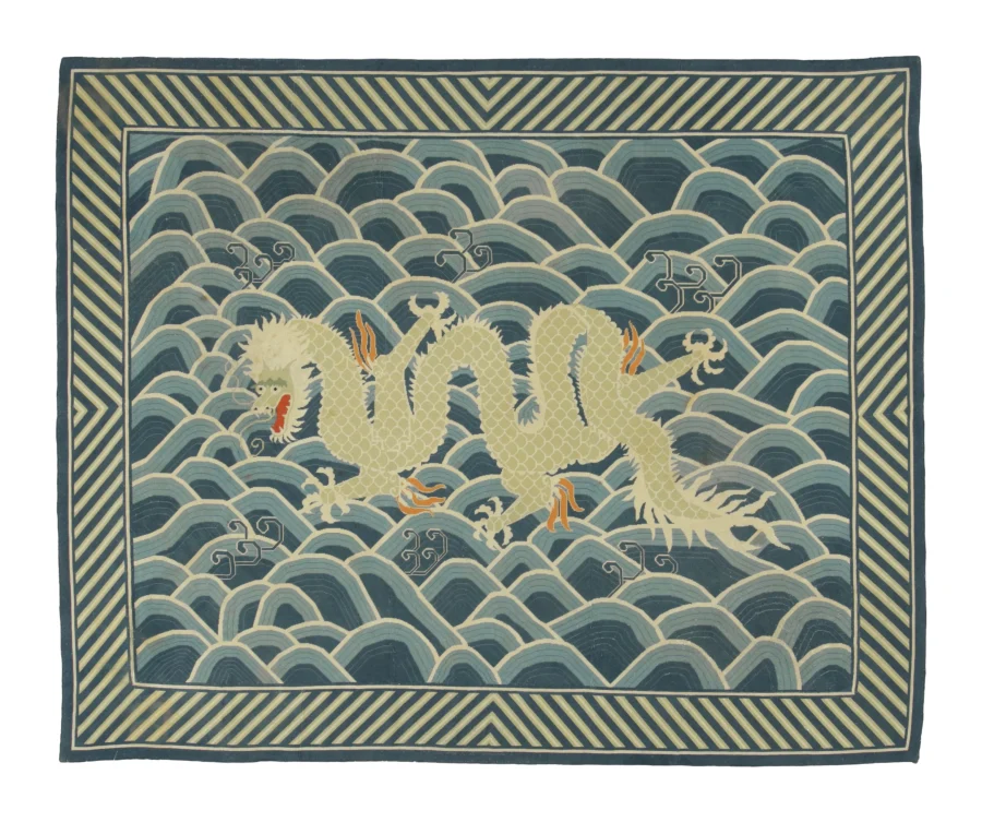 Antique 19th Century English Needlepoint Rug with Chinese Dragon & Waves - Rug & Kilim
