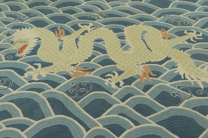 Hover image of Antique 19th Century English Needlepoint Rug with Chinese Dragon & Waves - Rug & Kilim