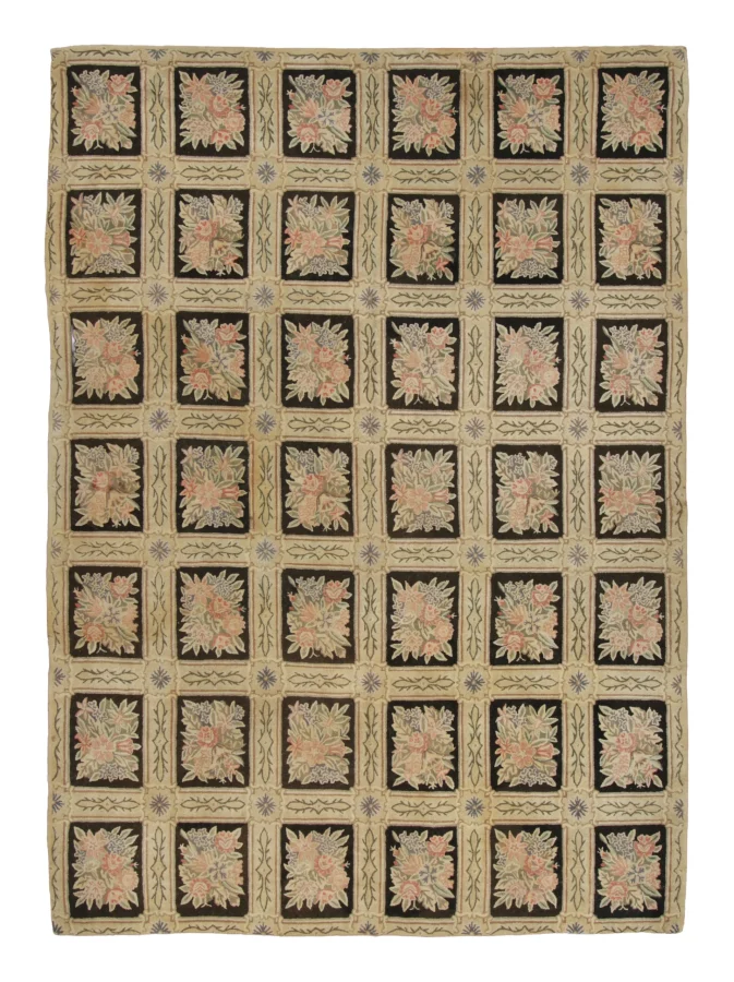 Antique Hooked Rug in Gold with Floral Garden Lattice Design - Rug & Kilim
