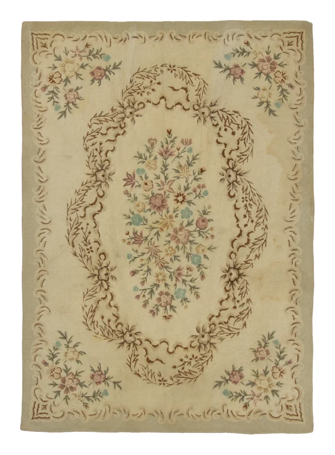Oversized Antique Hooked Rug in Gold with Chinese Floral Designs - Rug & Kilim
