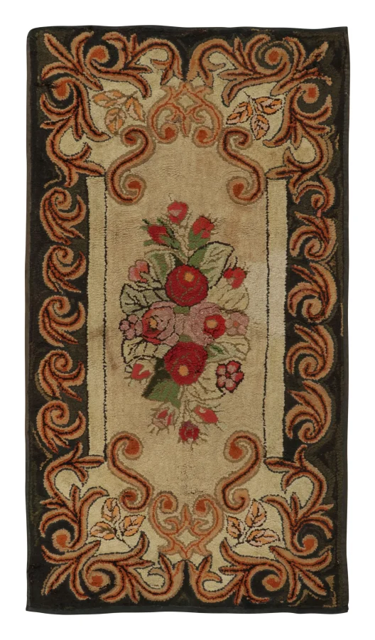 Antique Hooked Rug with Floral Bouquet Medallion in Beige & Black - Rug & Kilim
