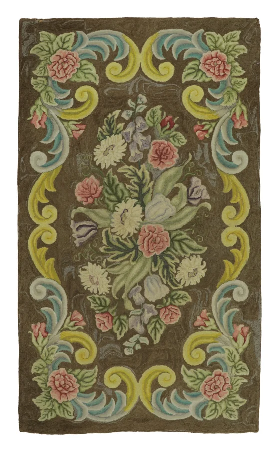 Antique Hooked Rug with Floral Cartouche Design in Bright Pastels - Rug & Kilim