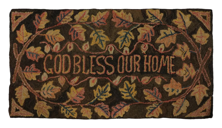 Antique Hooked Runner with “God Bless Our Home” Quote in Beige & Brown - Rug & Kilim