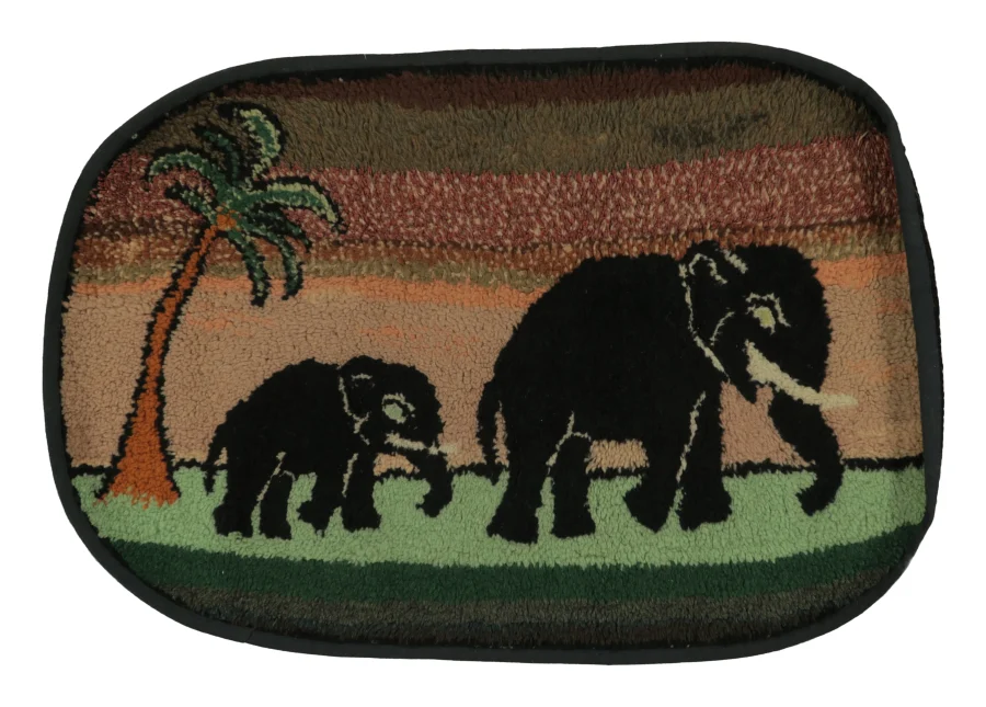 Antique Gift Sized Hooked Rug with Elephants & Tree Pictorials - Rug & Kilim