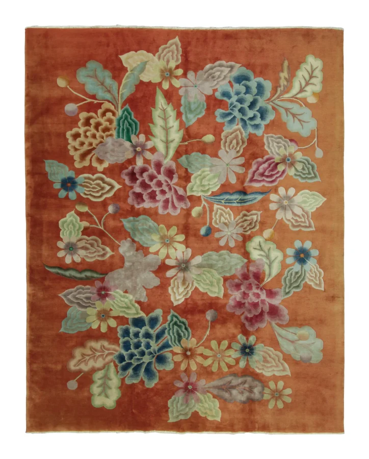 Antique Chinese Art Deco Rug in Rust with Bold Floral Design - Rug & Kilim