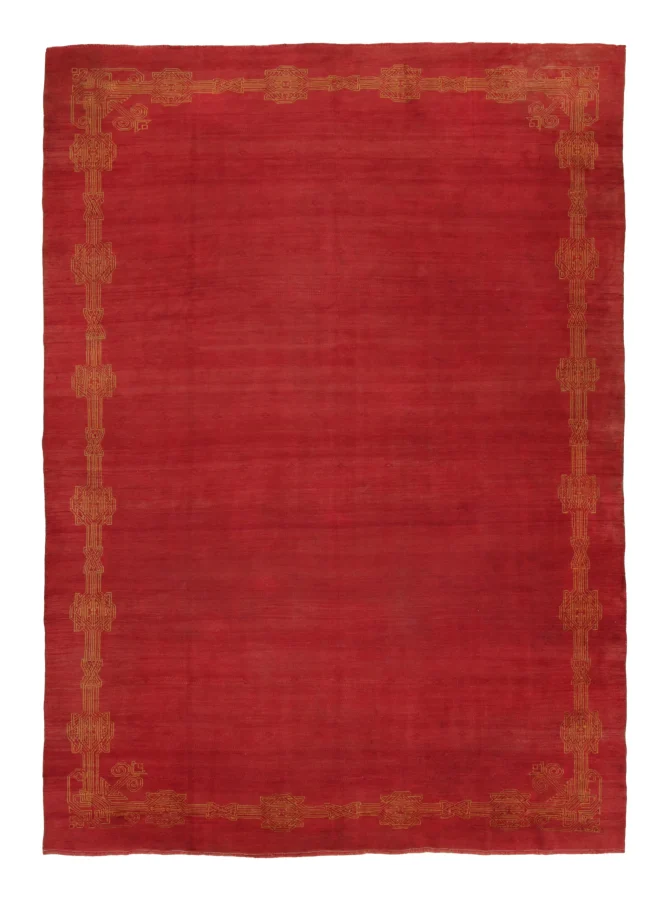 Antique Art Deco Oushak Rug with Geometric Border & Red Open Field - Rug & Kilim