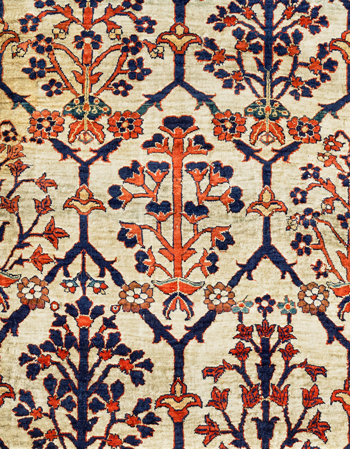 Hover image of Antique 19th Century Rare Persian Heriz Triclinium Silk Carpet with Hafez Ghazals & Medallions - Rug & Kilim