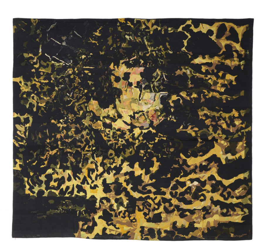 Signed Vintage Portuguese "Caravelle" Tapestry in Black & Gold by Mathieu Matégot - Rug & Kilim