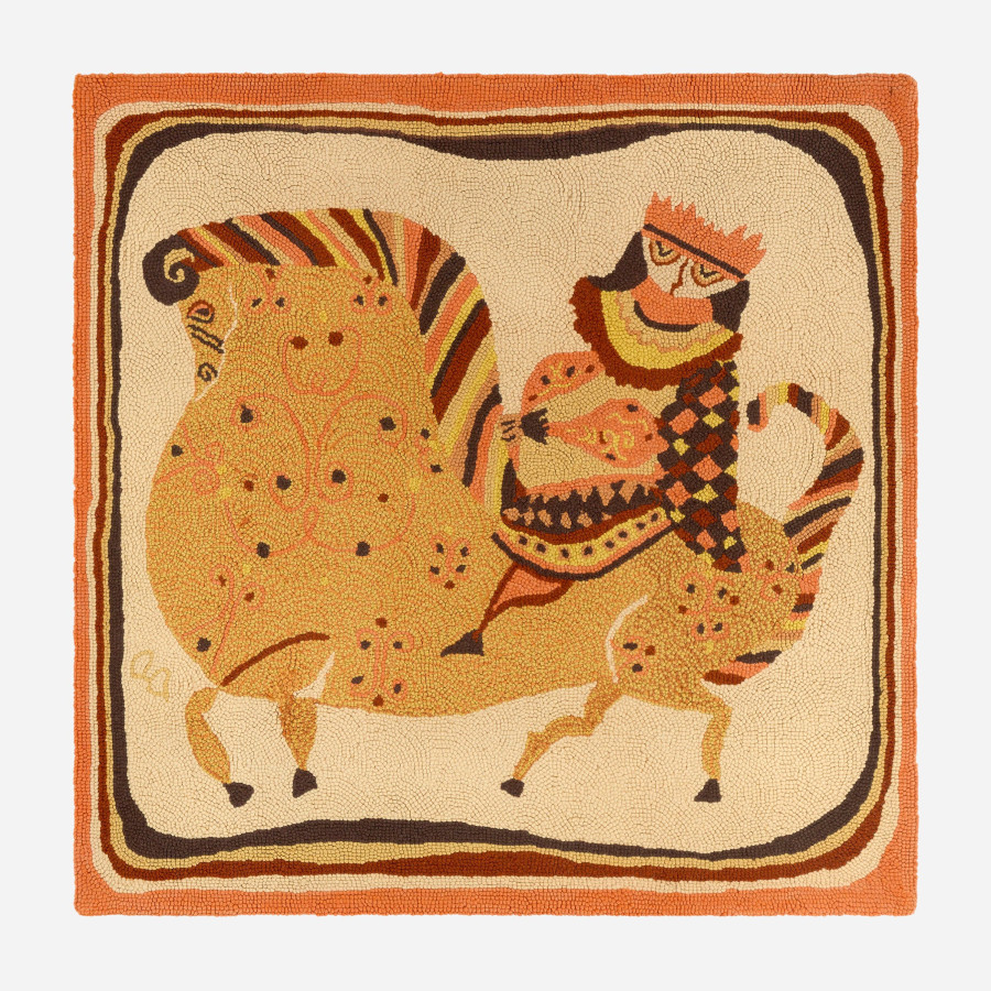 Vintage Hooked Evelyn Ackerman Square Tapestry with Equestrian Pictorials - Rug & Kilim