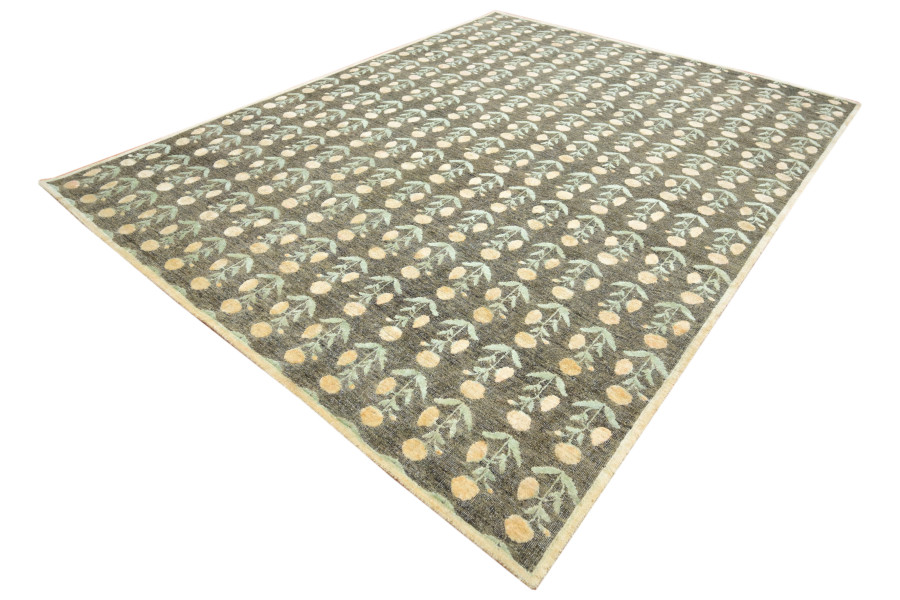 Hover image of Rug & Kilim’s Block Print Rug Design. Brown and Green and Orange Floral Patterns