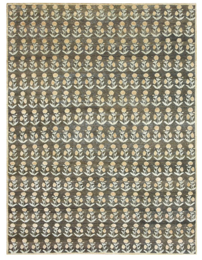 Rug & Kilim’s Block Print Rug Design. Brown and Green and Orange Floral Patterns