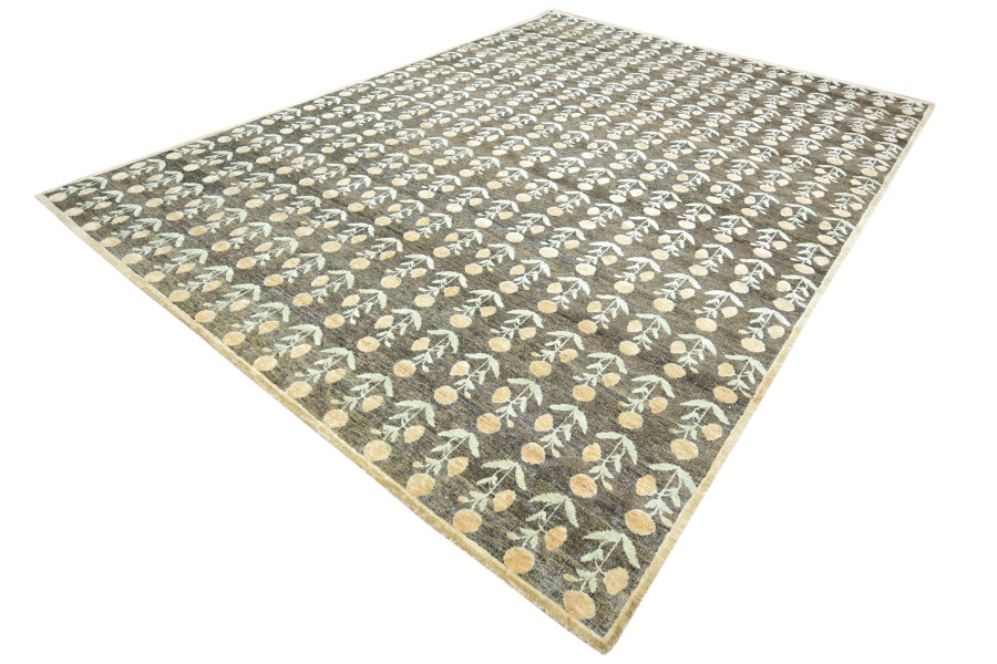 Hover image of Rug & Kilim’s Block Print Rug Design. Brown and Green and Orange Floral Patterns