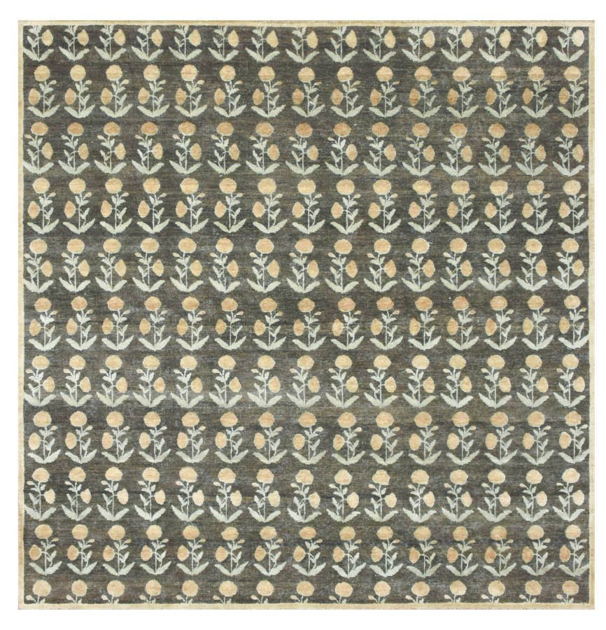 Rug & Kilim’s Block Print Rug Design. Brown and Green and Orange Floral Patterns