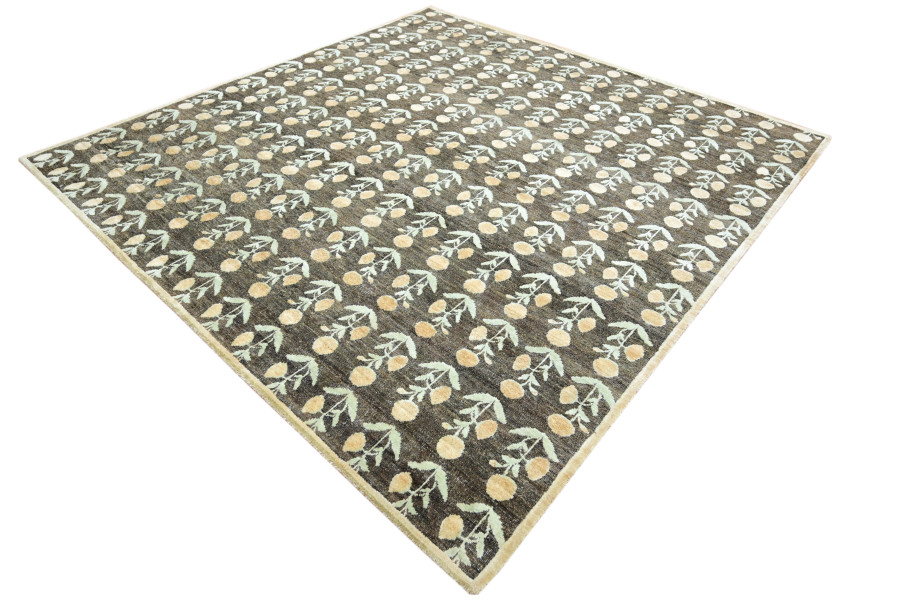 Hover image of Rug & Kilim’s Block Print Rug Design. Brown and Green and Orange Floral Patterns