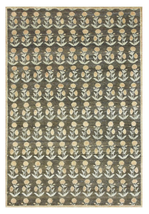 Rug & Kilim’s Block Print Rug Design. Brown and Green and Orange Floral Patterns