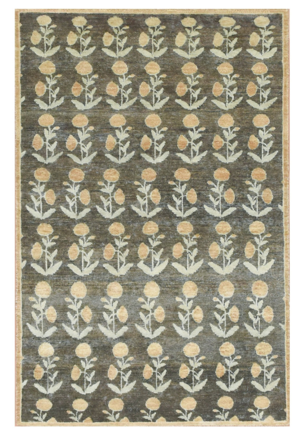 Rug & Kilim’s Block Print Rug Design. Brown and Green and Orange Floral Patterns