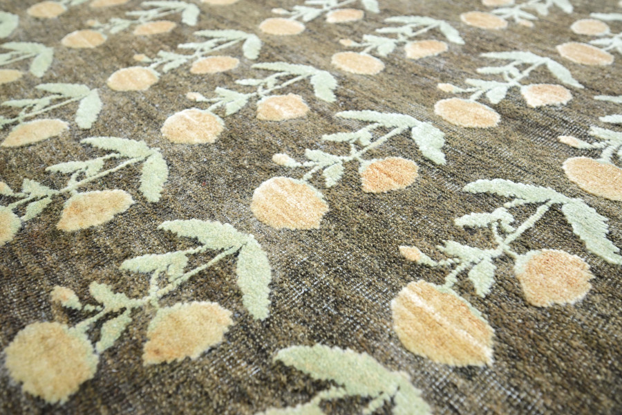 Hover image of Rug & Kilim’s Block Print Rug Design. Brown and Green and Orange Floral Patterns