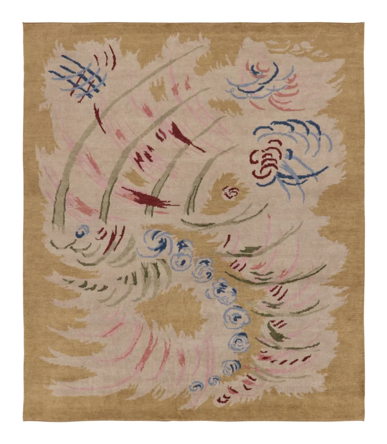 Rug & Kilim’s Contemporary French Art Deco Rug in Gold & Beige Patterns