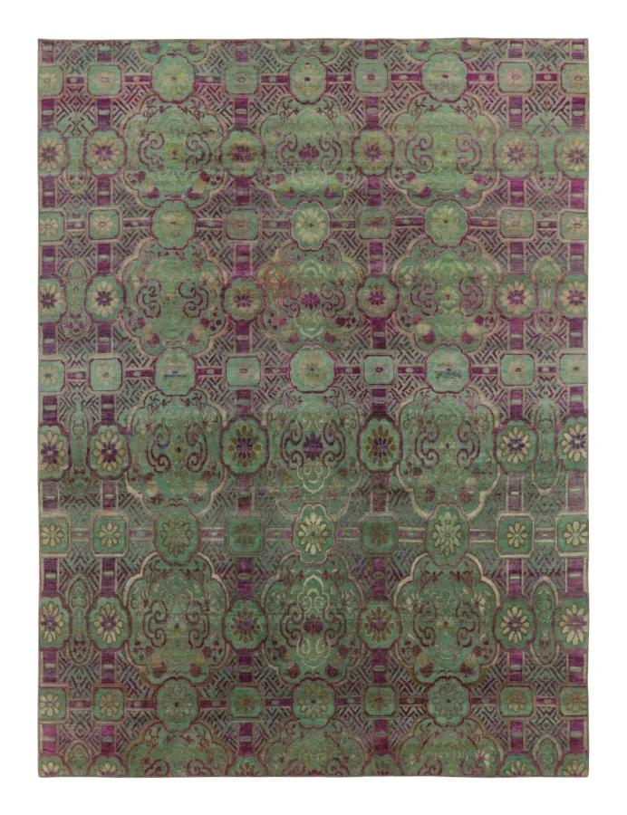 Rug & Kilim's Contemporary European Rug in Green & Purple Floral Design