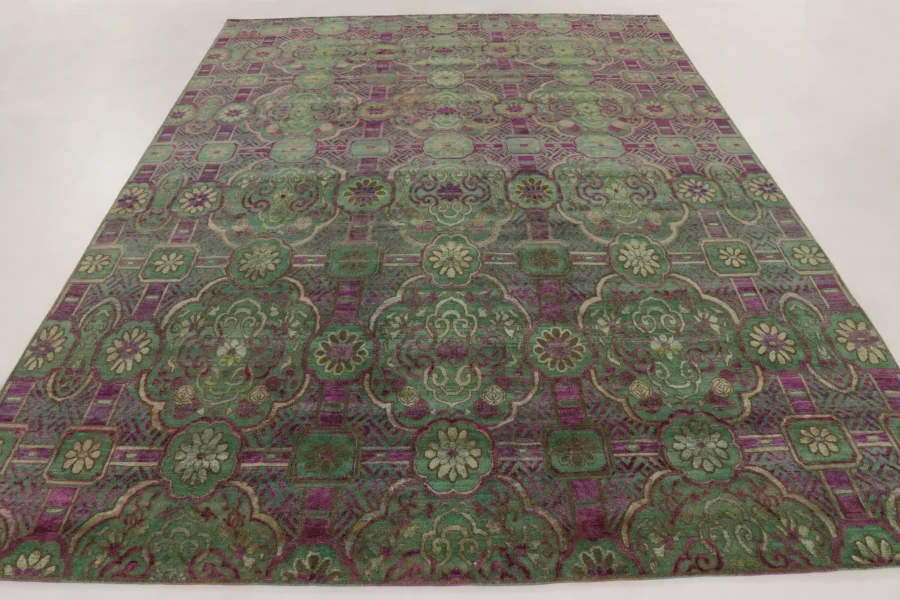 Hover image of Rug & Kilim's Contemporary European Rug in Green & Purple Floral Design