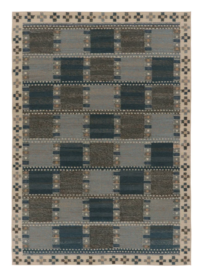 Rug & Kilim's Scandinavian Kilim Custom Rug in Blue & Gray with Geometric Motifs